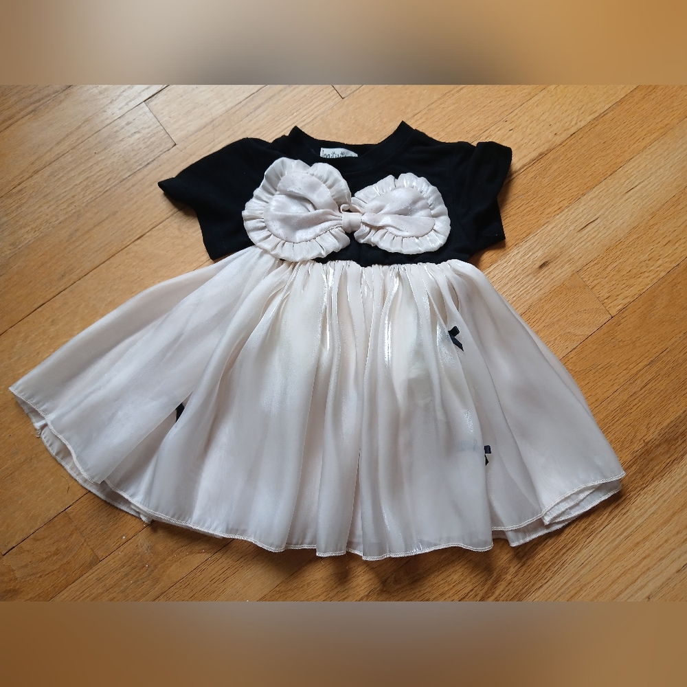 Elegant Black and Cream Baby Dress with Rosette Details - 6-9 Months